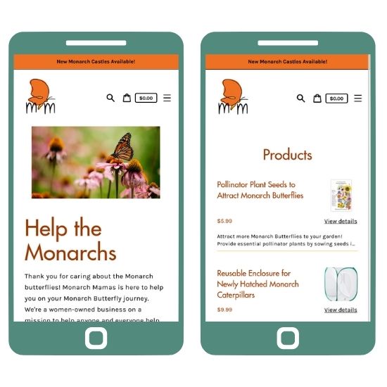 A mobile view of the Monarch Mamas Shopify website